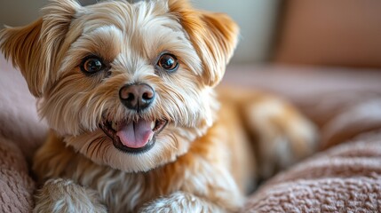 Dog with a happy expression on a pink background, highlighting its joyful nature