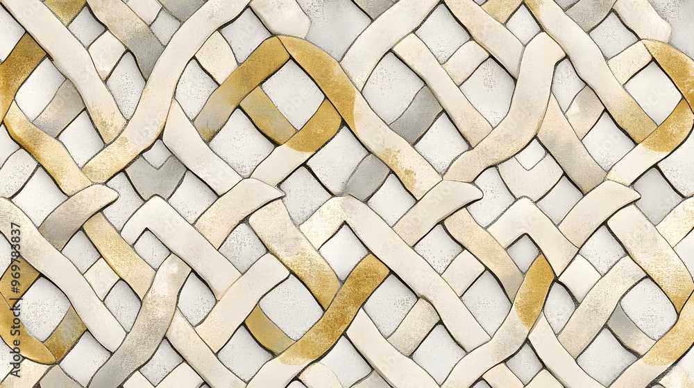 Poster 48. elegant and intricate tile pattern featuring interlocking shapes in muted gold and white