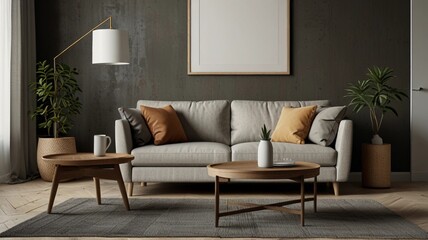  round coffee table near a sofa wall with an empty poster mockup frame. modern interior

