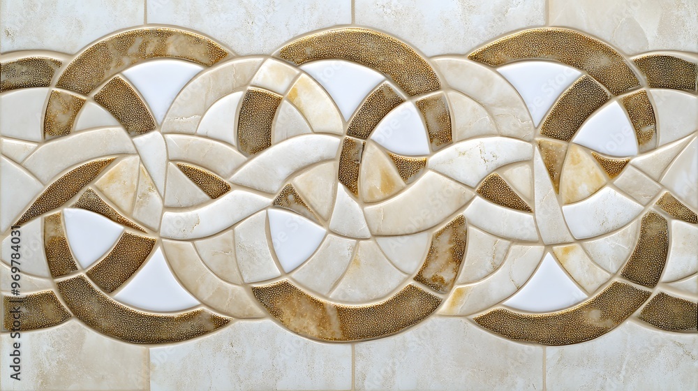 Poster 48. elegant and intricate tile pattern featuring interlocking shapes in muted gold and white