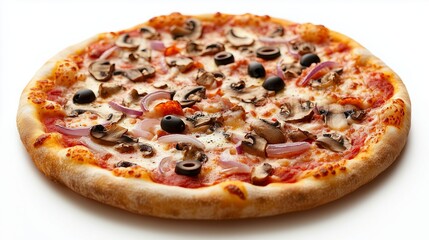A highly detailed, realistic close up of a pizza placed on a stark, bright white background. The pizza is topped with a variety of ingredients, including mushrooms, onions, and