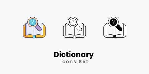 Dictionary Icons thin line and glyph vector icon stock illustration