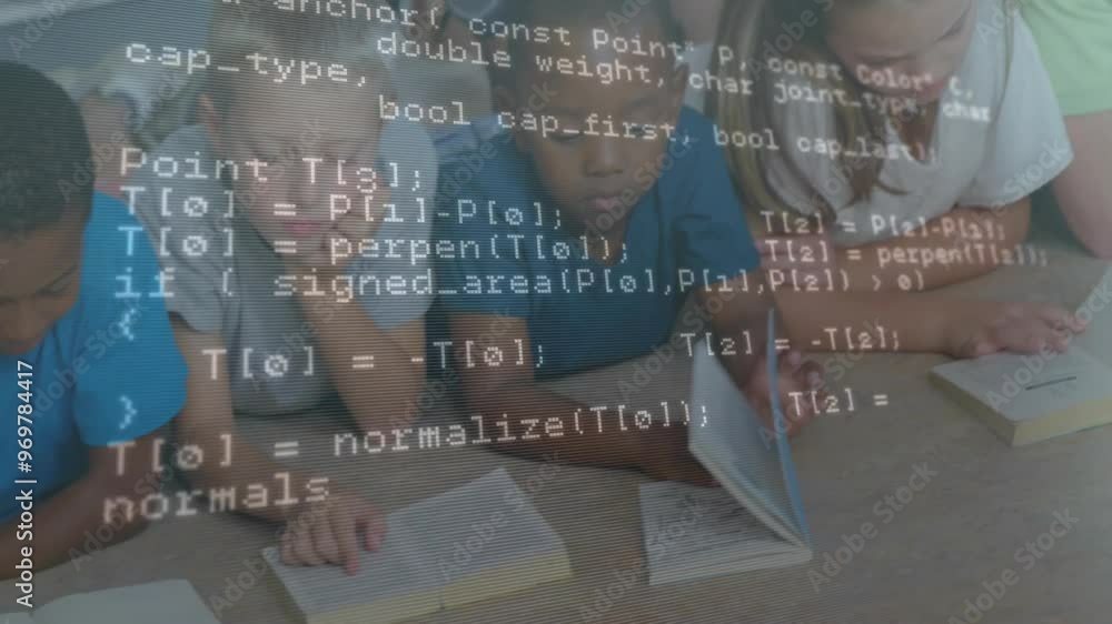 Poster animation of data processing over diverse schoolchildren reading