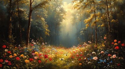 Fototapeta premium Sunlit Forest Path with Butterflies and Wildflowers