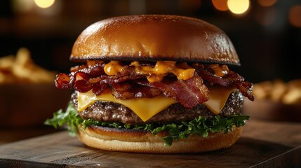 mouthwatering bacon burger cheddar, crispy bacon strips on a brioche bun irresistible gourmet concept banner