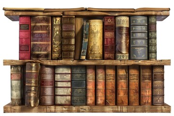 A shelf full of old books with a vintage feel,