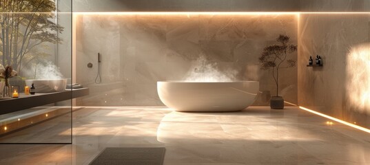 Luxurious Modern Bathroom with Marble Floors and Warm Steam, Perfect for Relaxation and Comfort