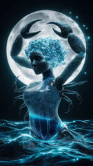 Astrological crab-inspired humanoid figure rising from glowing waters, combining zodiac symbolism, technology, and digital art, set against a full moon backdrop.