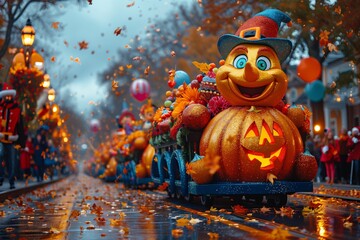 Obraz premium Colorful Halloween parade featuring a joyful pumpkin float on a rainy autumn evening in a festive city street