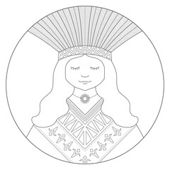 Round mandala of Indigenous woman in black outline for coloring, featuring symmetric geometric shapes and decorative elements