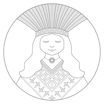 Round mandala of Indigenous woman in black outline for coloring, featuring symmetric geometric shapes and decorative elements