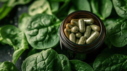 nutrition and supplements, promote health and wellness with a combination of natural b sources like spinach leaves paired with supplements for optimal vitamin intake