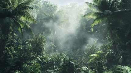 Obraz premium A tropical rainforest with dense vegetation and mist rising from the canopy