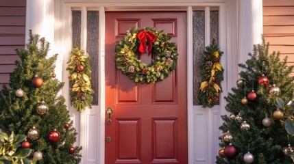 Festive Christmas Decor on a Red Door with Pine Trees