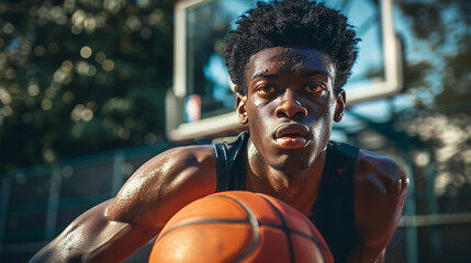 Afro American male basketball player holding a ball.