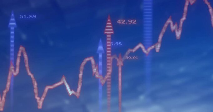 Animation of financial data processing with arrows on blue background