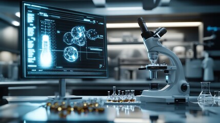cutting-edge researchstruments, cutting-edge lab with microscope and chemicals, conducts futuristic scientific experiments in modern research facility