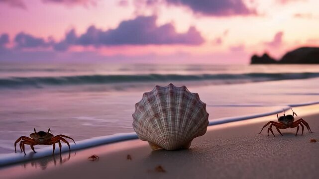 A serene beach scene featuring crabs around a shell during sunset, highlighting nature's tranquility and motion