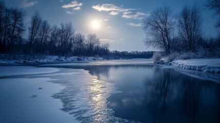 Frozen River with a Bright Sun and Bare Trees in a Winter Landscape