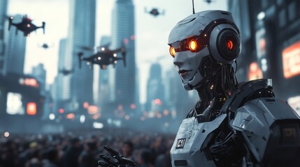 Fototapeta premium Futuristic Robot in Cyberpunk City: A Digital Art Masterpiece