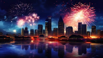 Fototapeta premium A vibrant city skyline illuminated by colorful fireworks against a night sky.