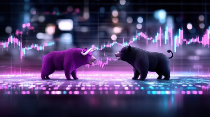Dynamic illustration of a bull and bear symbolizing stock market trends and investor emotions in digital finance.