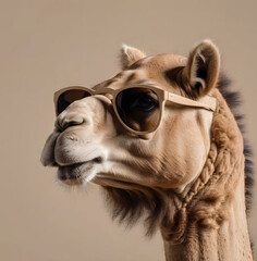 Obraz premium portrait of a camel with dark glasses, on a beige background, a copy of the space
