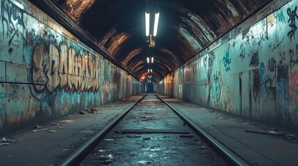 Fototapeta premium Graffiti Covered Tunnel with Abandoned Railway Tracks