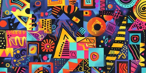 Illustration of colorful different seamless and geometric patterns in neo-primitive expressionism art on abstract background