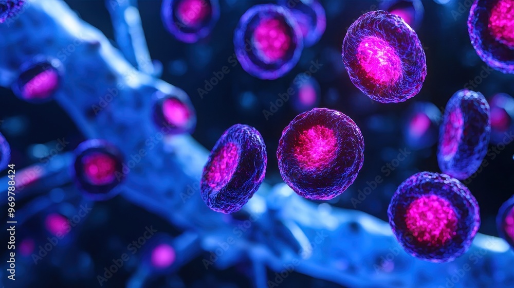 Poster abstract representation of biological cells with vibrant colors, emphasizing the intricate details o