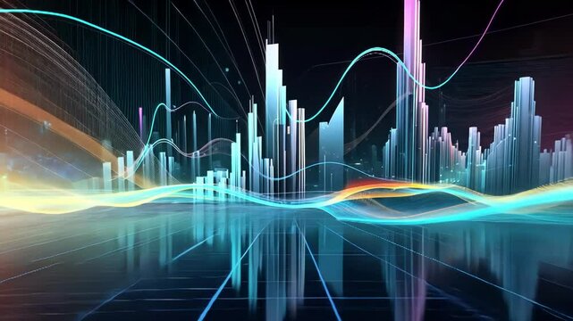 An energetic digital landscape featuring colorful soundwaves and abstract city visuals, depicting rhythm in motion