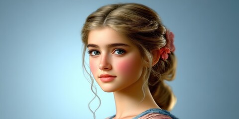 Naklejka premium A young woman in soft hues and gentle light, gazing thoughtfully while adorned with delicate floral accents in a serene setting, capturing youthful elegance and grace