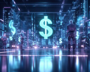 Futuristic cityscape featuring glowing dollar symbols, representing digital economy and finance in a high-tech environment.