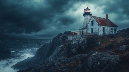 Fototapeta premium Lighthouse on a Stormy Coast: A Dramatic Seascape