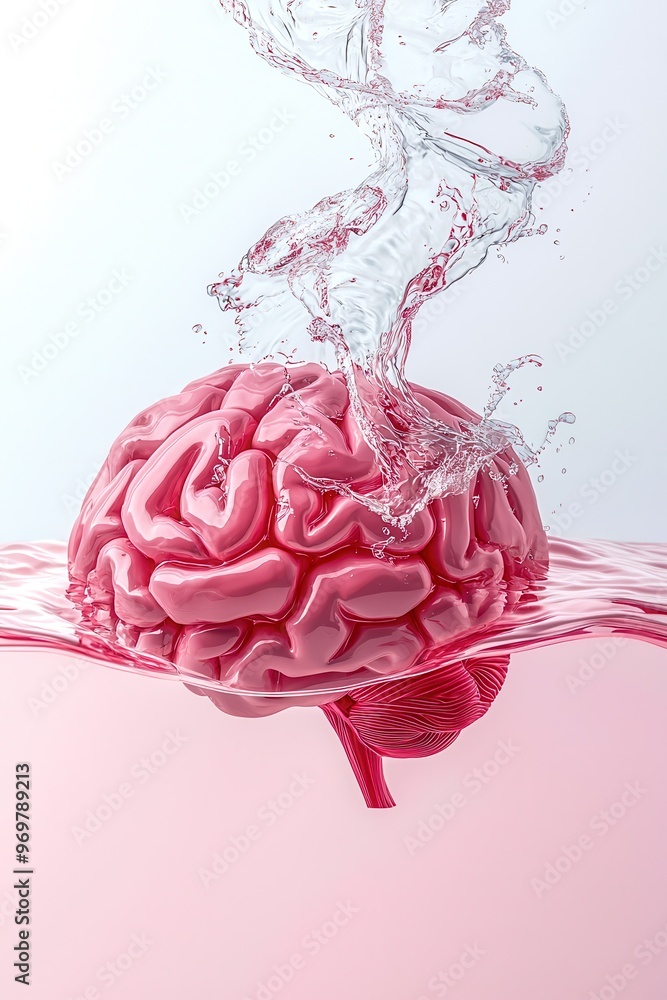 Poster a creative representation of a brain submerged in water, showcasing its intricate structure and a pl