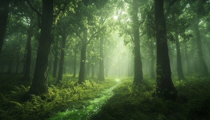 Obraz premium Mysterious Forest with Sunlight Filtering Through Trees