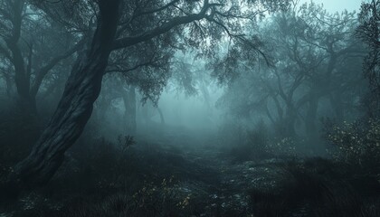 Obraz premium Spooky Forest Filled with Dense Fog and Silhouetted Trees in Eerie Twilight