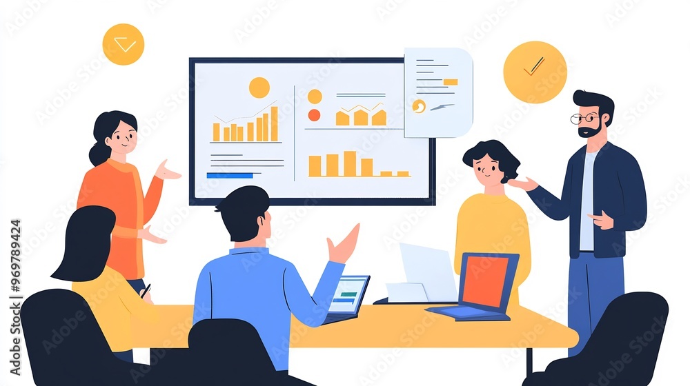 Poster a team of four people having a meeting with a large screen showing graphs and charts.