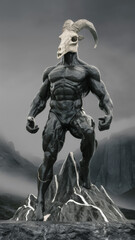 Fototapeta premium Aries zodiac sign portrayed as a muscular figure with a ram skull head, standing on a rocky peak in a misty tech setting.
