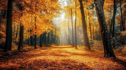 Obraz premium A vibrant autumn forest with golden leaves covering the ground and sunlight streaming through the trees