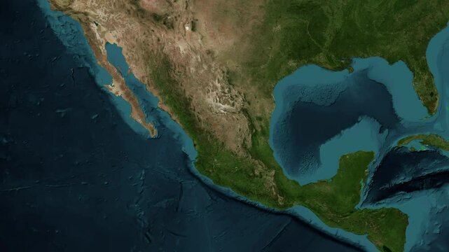 Zoom from Earth to Mexico. (No Border) High quality world map animation with country borders highlighted. Images from NASA