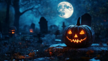 Fototapeta premium Jack-O-Lanterns with Glowing Eyes on Wooden Fence in Full Moon Night