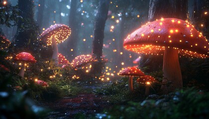 Magical Forest Scene with Glowing Mushrooms and Mysterious Light