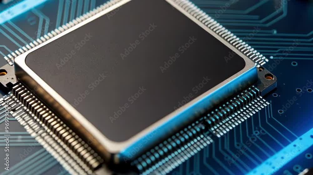 Poster close up of a microchip on a circuit board, showcasing intricate designs and technology, emphasizing