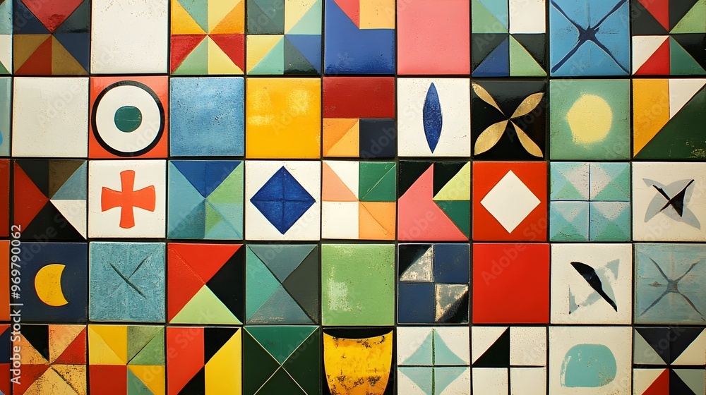 Poster 46. bright and vibrant tile design with geometric patterns in a spectrum of lively colors