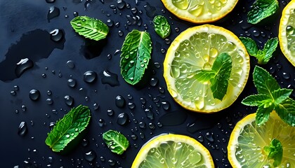 Vibrant lemon halves adorned with water droplets and fresh mint leaves on a dark background, creating a refreshing and energizing composition.