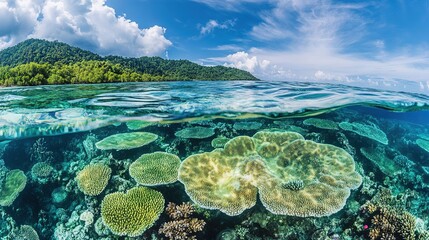 Fototapeta premium A vibrant coral reef teeming with marine life in clear tropical waters