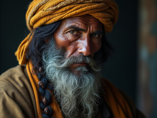 Portrait of an older man with a long beard and a yellow turban, gazing intensely, showcasing strong facial features and wisdom in a traditional cultural setting.
