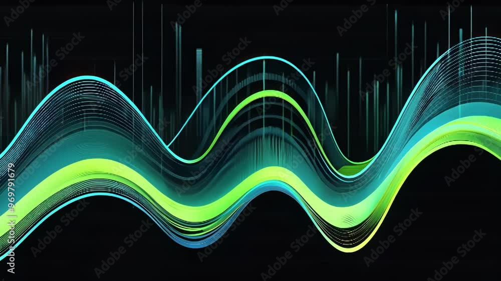 Poster an abstract visualization of sound waves featuring vibrant colors and dynamic patterns, highlighting