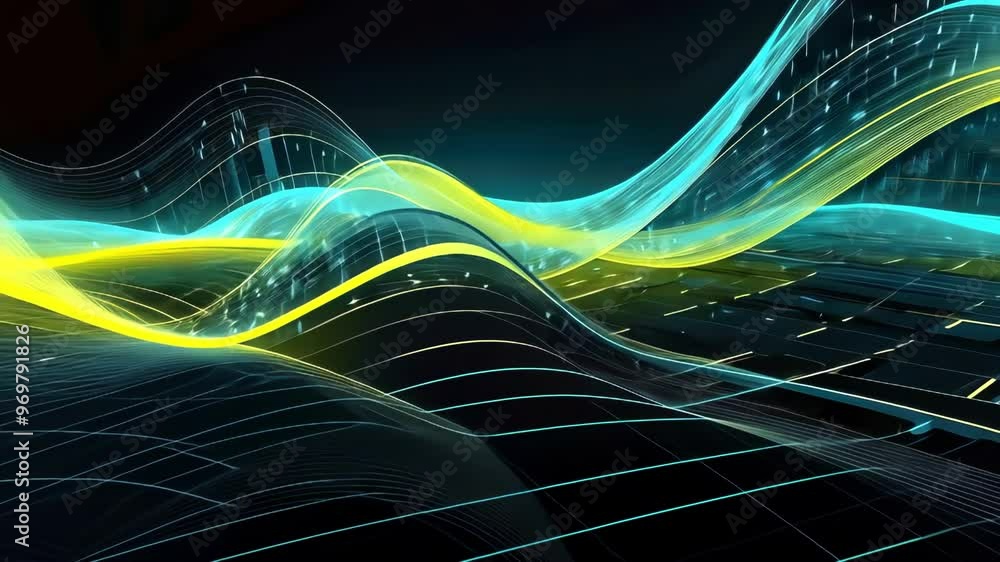 Poster a visually dynamic abstract representation of waves and lines in vibrant colors, suggesting technolo